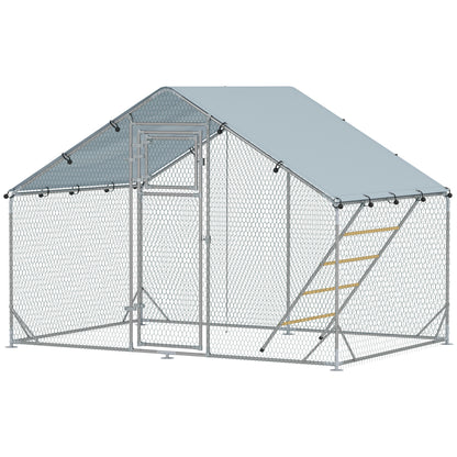 Large Metal Chicken Run with Waterproof & UV-Resistant Cover, Feeding Door, Hanging Feeder, Perch for 6-8 Chickens