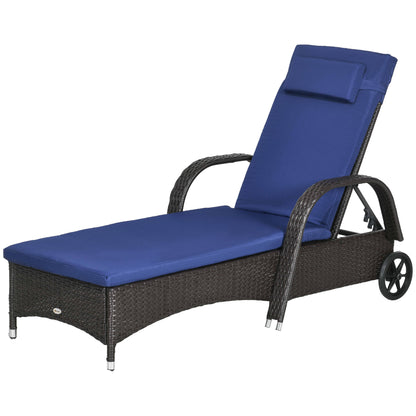 Outdoor Lounger, Deck Lounge Chair with Headrest, 5-Level Adjustable, Backrest, Wheels, Deep Coffee and Navy Blue