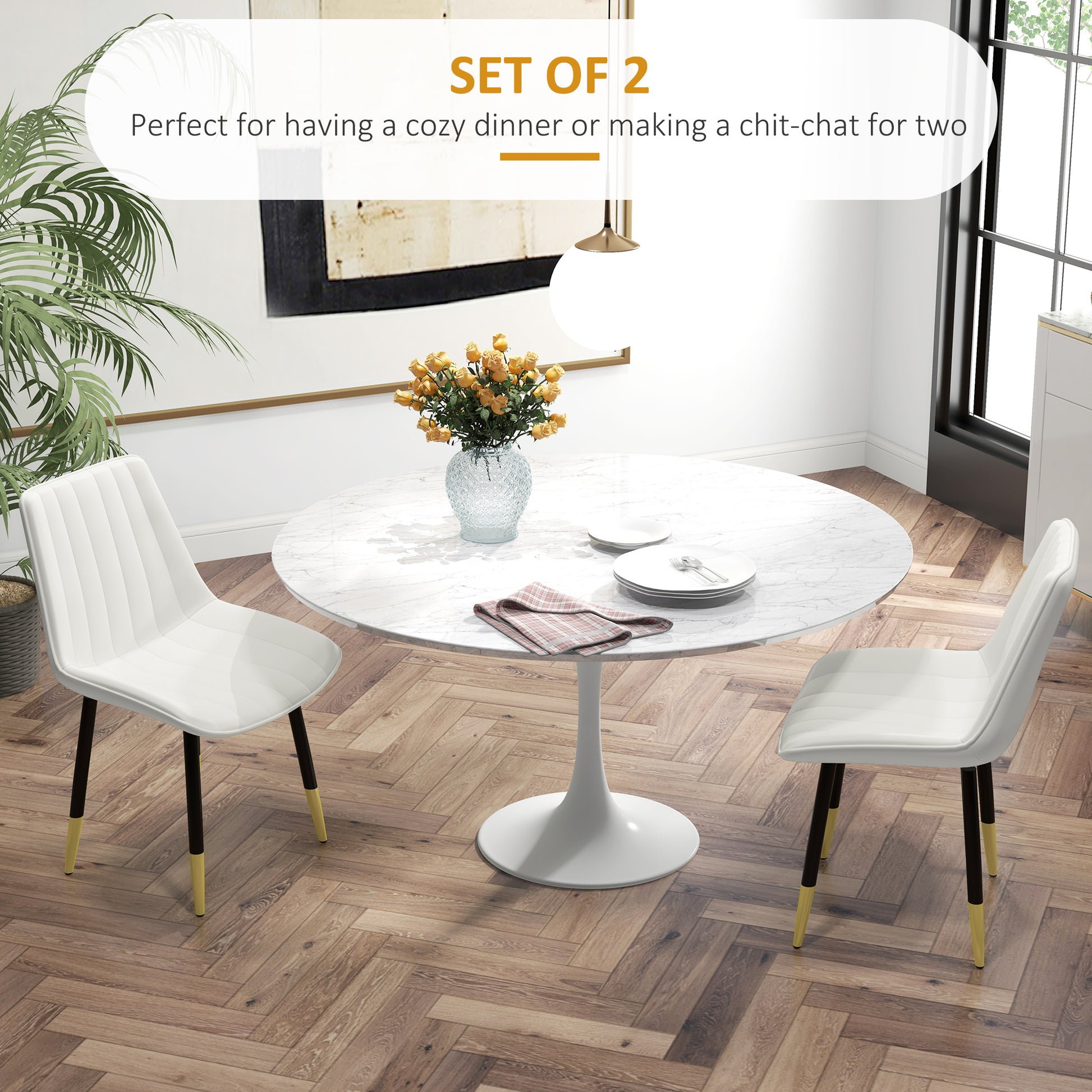 Dining Chairs Set of 2, Modern Kitchen Chair with PU Leather Upholstery and Steel Legs for Living Room, Bedroom, Cream