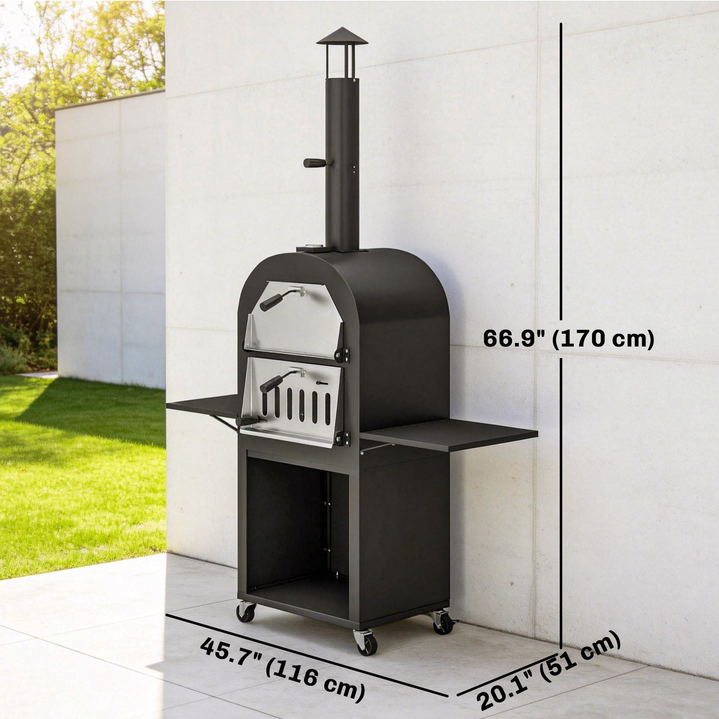 Outdoor Wood Fired Pizza Oven with Side Shelves and Open Cabinet, Pizza Maker on Wheels with Thermometer, Stone, Peel