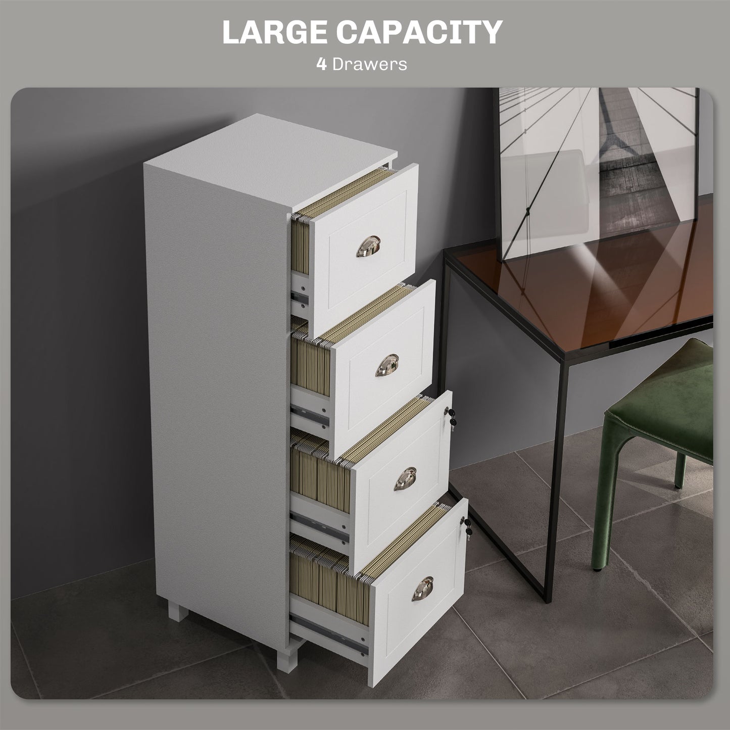 4 Drawer File Cabinet with Lock, Office Filing Cabinet, A4 Letter Size, Hanging File Folders, White