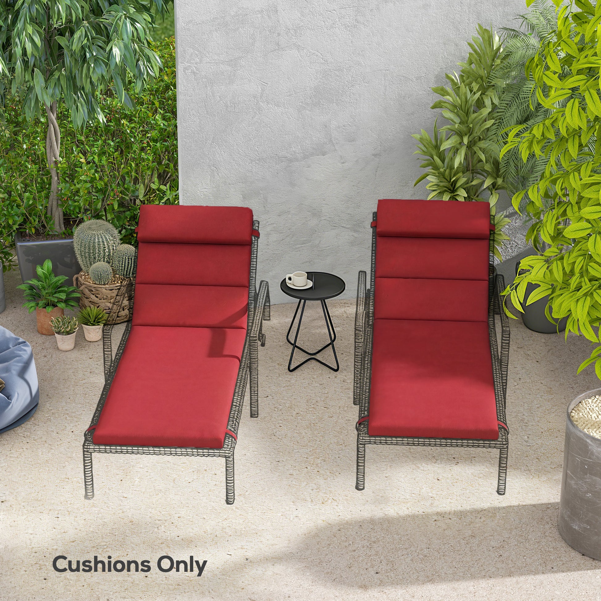 Patio Chaise Lounge Chair Cushions Replacement Sun Lounger Pads with Headrest and Ties, Set of 2, Wine Red
