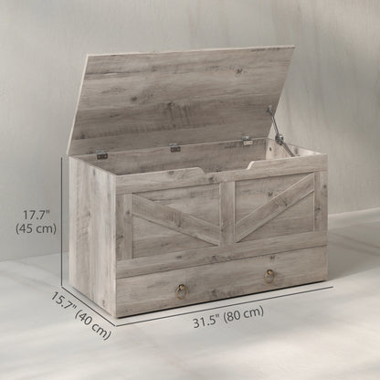31.5 Inches Storage Chest, Storage Trunk with 2 Safety Hinges for Living Room, Grey Wood Grain