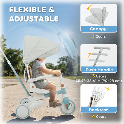 Qaba 9 in 1 Toddler Tricycle with Safety Harness, Adjustable & Removable Parent Handle, Canopy, Storage Bag, Brake, Blue