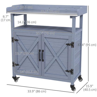 Outdoor Wooden Potting Bench with Storage Cabinet, Aluminum Tabletop, Rubber Wheels for Backyard, Patio, Balcony, Grey