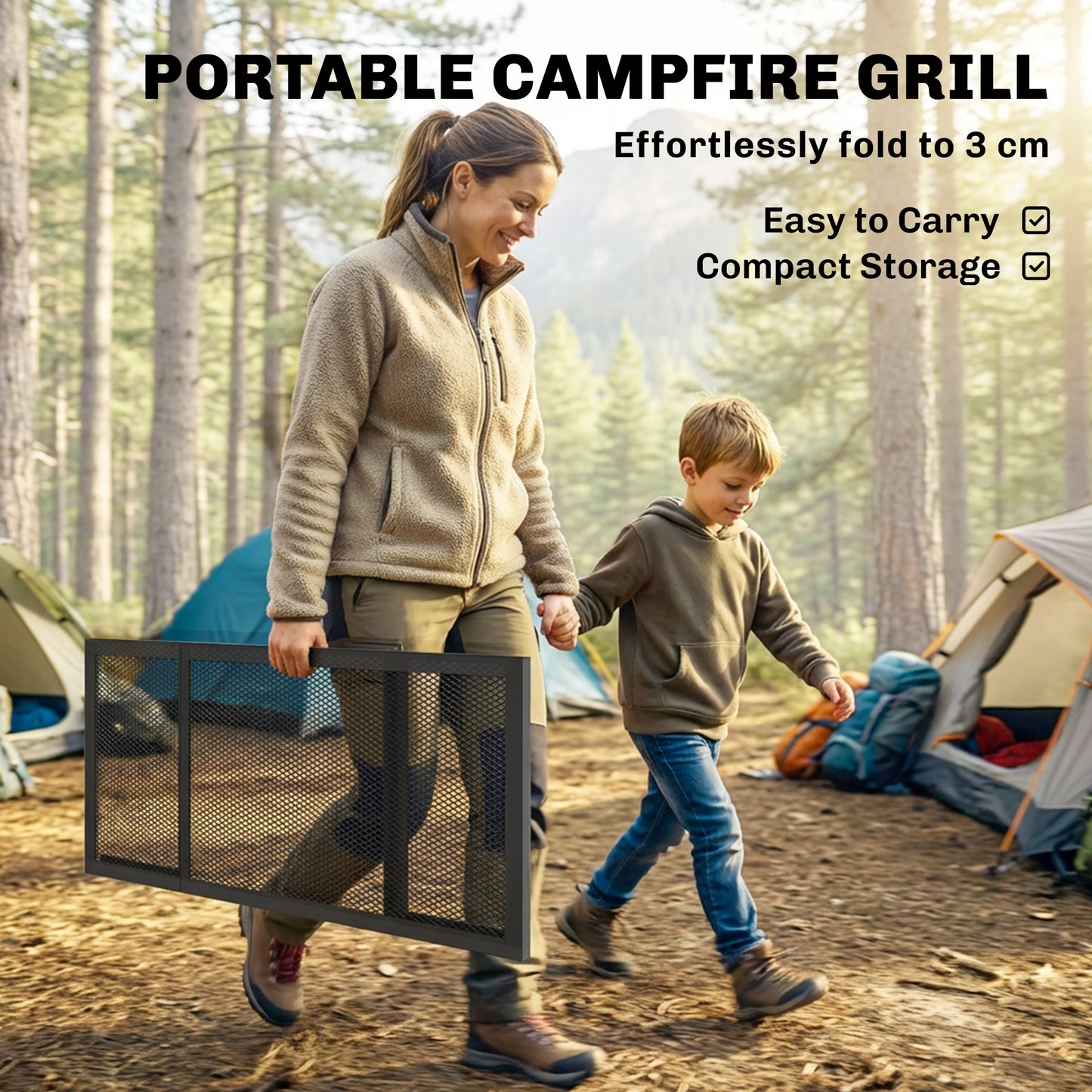 Folding Campfire Grill, 36" x 18" Heavy Duty Carbon Steel Grill Grate with Folding Legs, Black