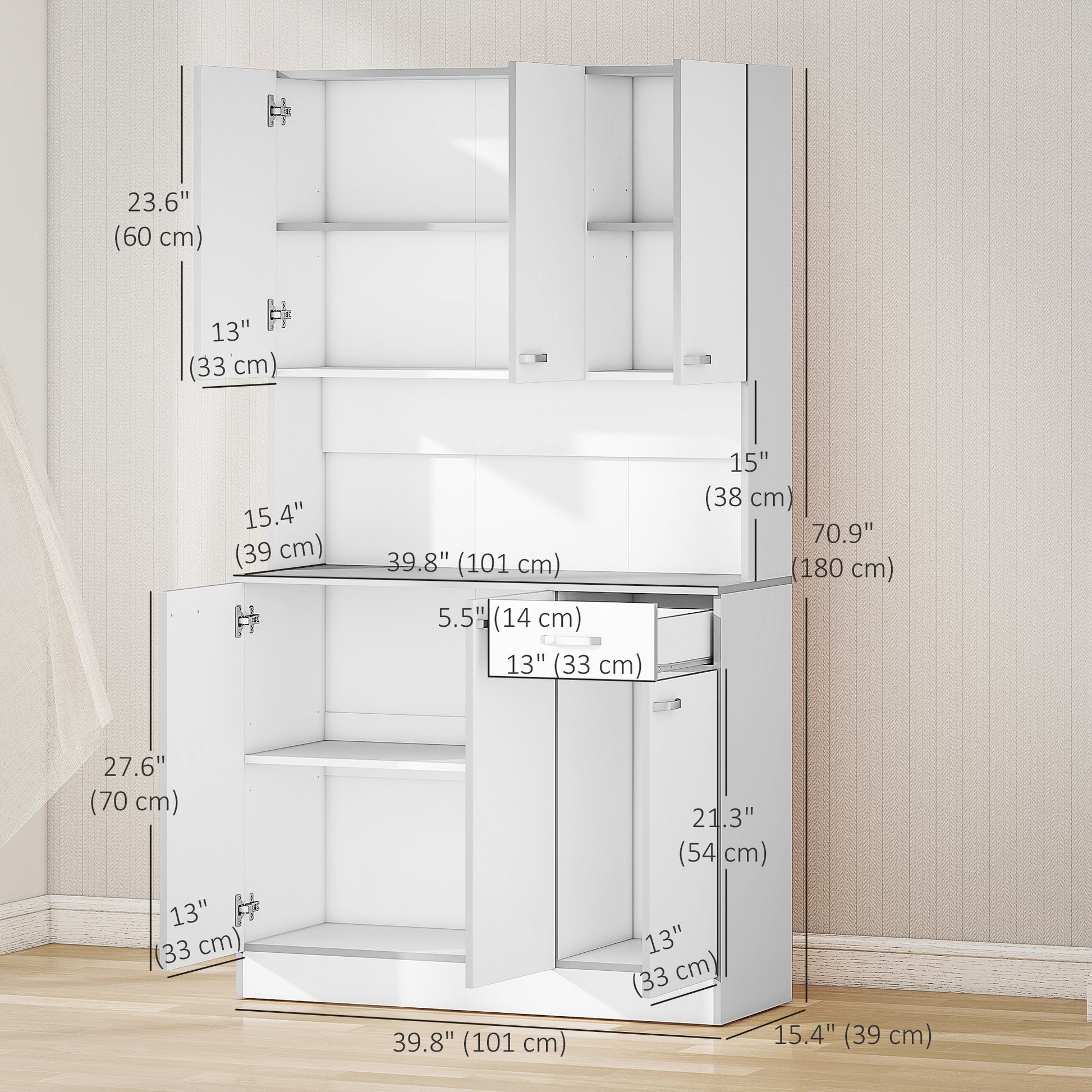 71" Modern Buffet with Hutch, Standing Kitchen Hutch with Storage Cabinets, Drawer, Open Space with Microwave Stand, White