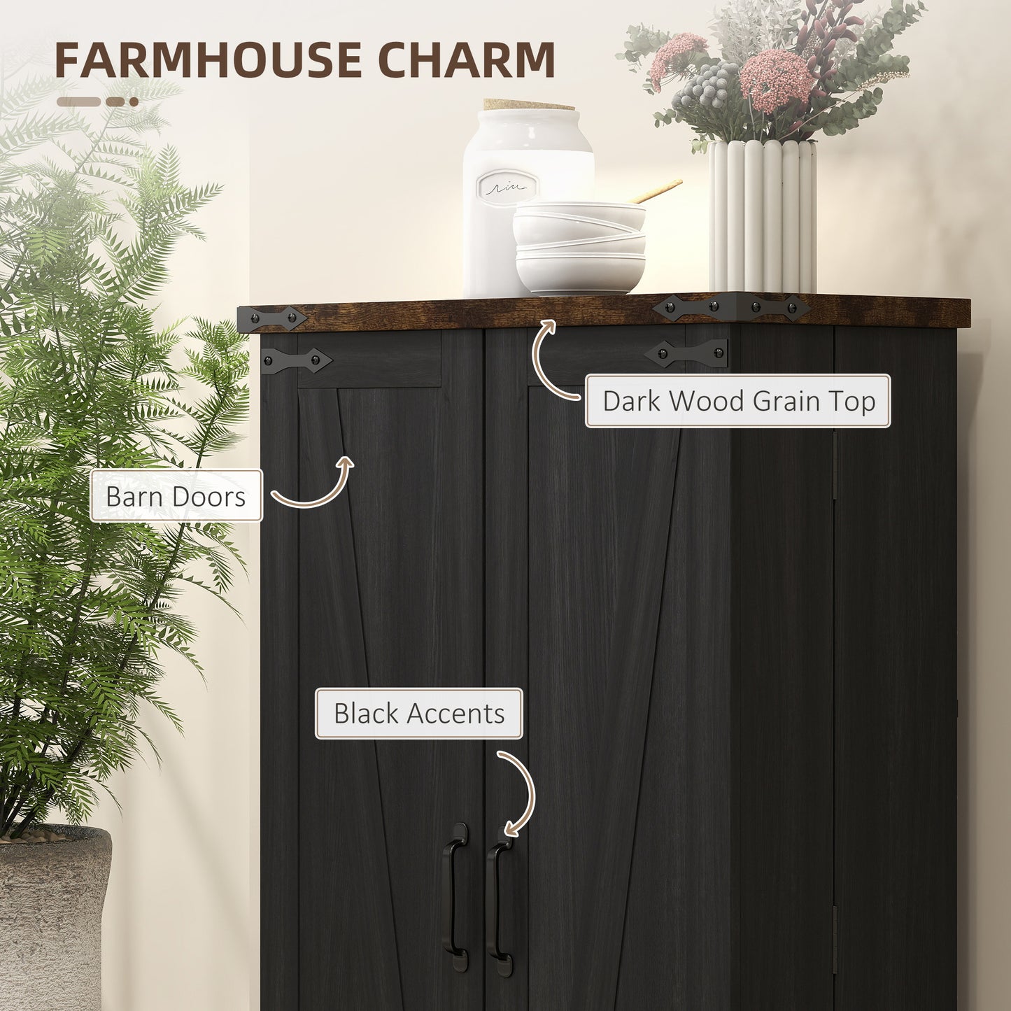 Farmhouse Kitchen Pantry Storage Cabinet, Kitchen Pantry Cabinet with Doors and Adjustable Shelves, Black