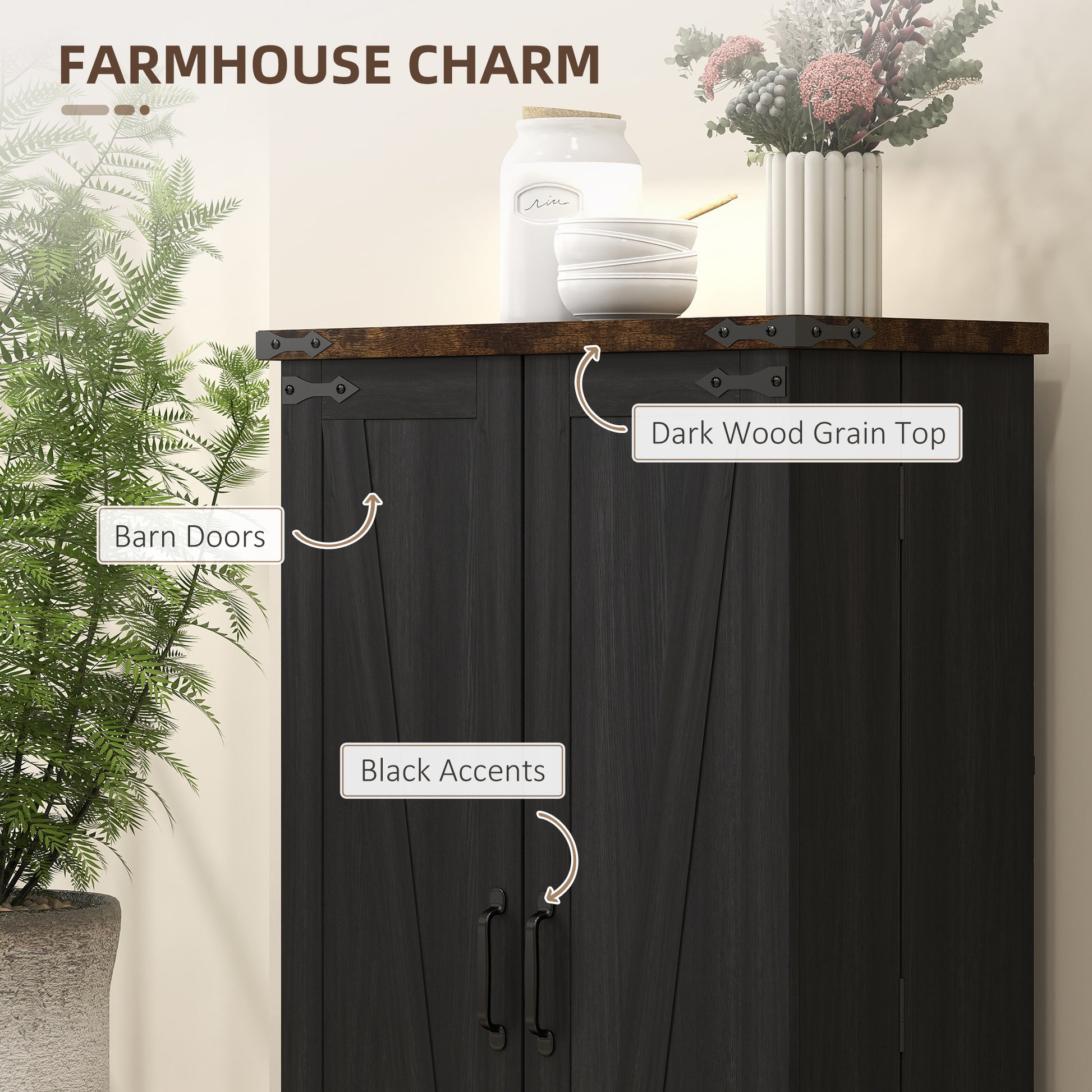 Farmhouse Kitchen Pantry Storage Cabinet, Kitchen Pantry Cabinet with Doors and Adjustable Shelves, Black