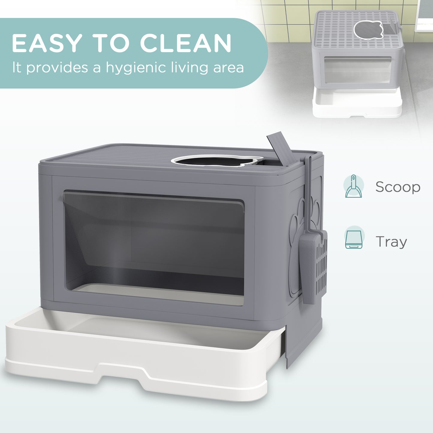 Cat Litter Box, Front Enter & Top Exit Cat Litter Tray with Scoop, Pull-out Tray, Easy to Clean, Grey