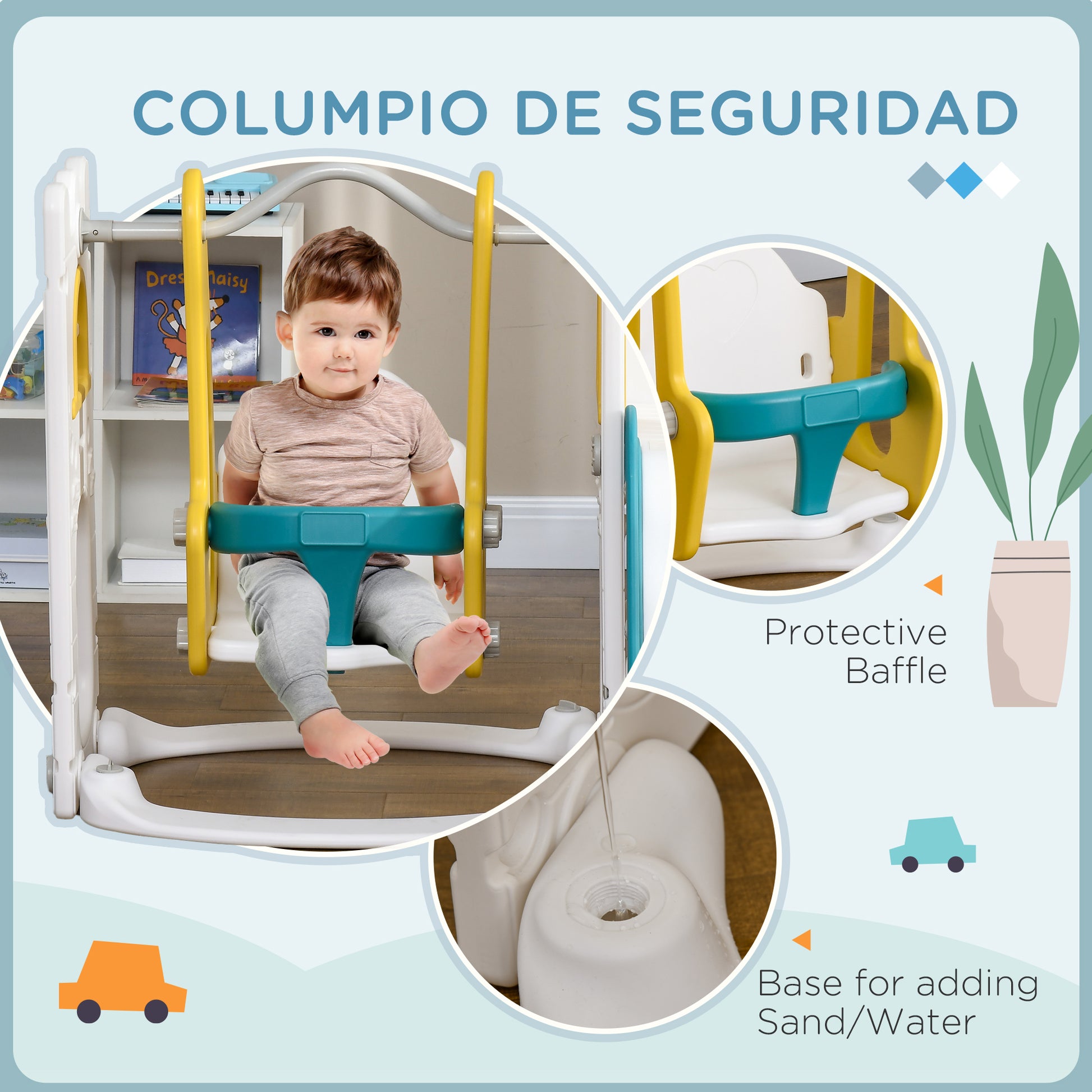 Qaba 6-in-1 Slide and Swing Set Baby Swing Playset Indoor with Basketball Hoop, Climber, Storage Space, Telescope, Yellow