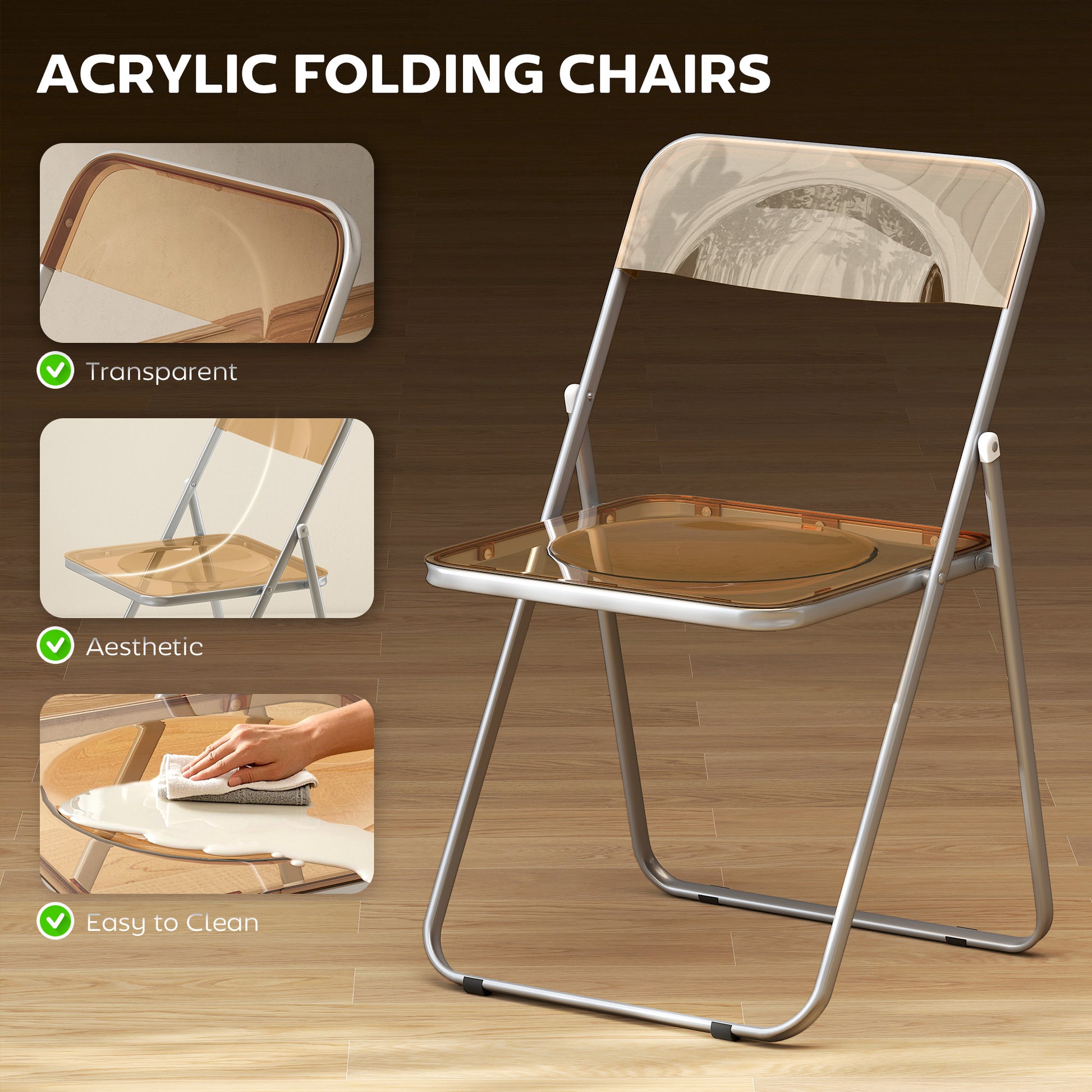 4 Pack Acrylic Foldable Chairs, Transparent Folding Chairs for Living Room, Home Office, Party, Orange