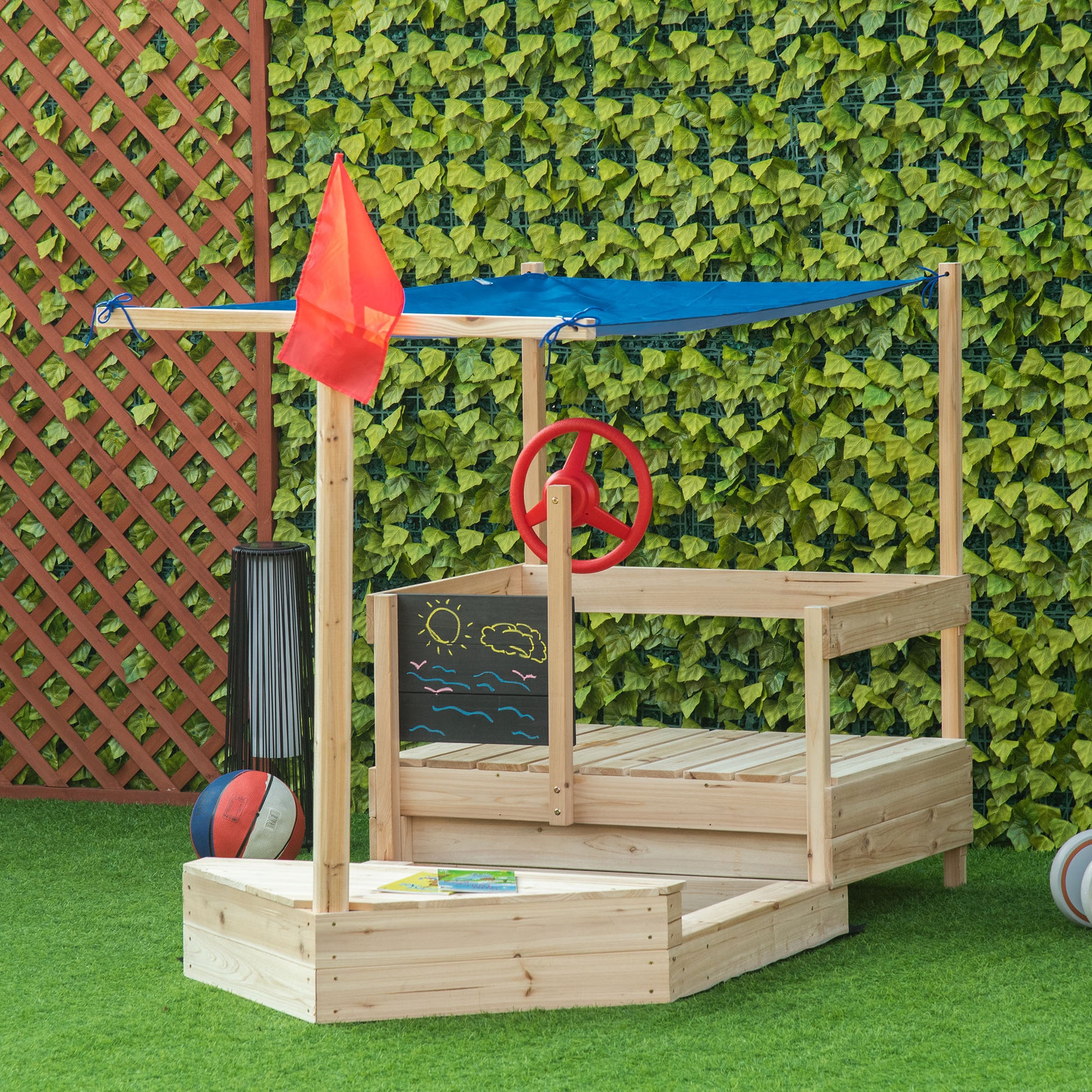 Kids Wooden Sandbox with Cover, Foldable Sandpit, Covered Children Sand Boat Outdoor, w/Flag, Bottom Liner, for 3-8 Years Old, Natural Wood