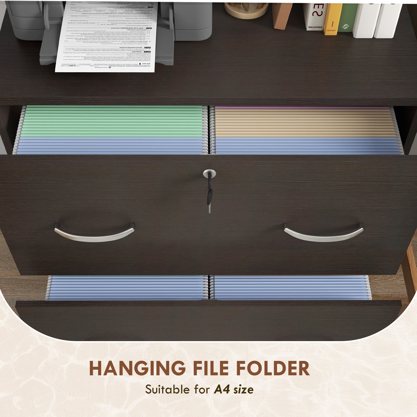 2 Drawer File Cabinet with Lock, Office Filing Cabinet, Hanging Bar for Letter Size, Home Office, Espresso
