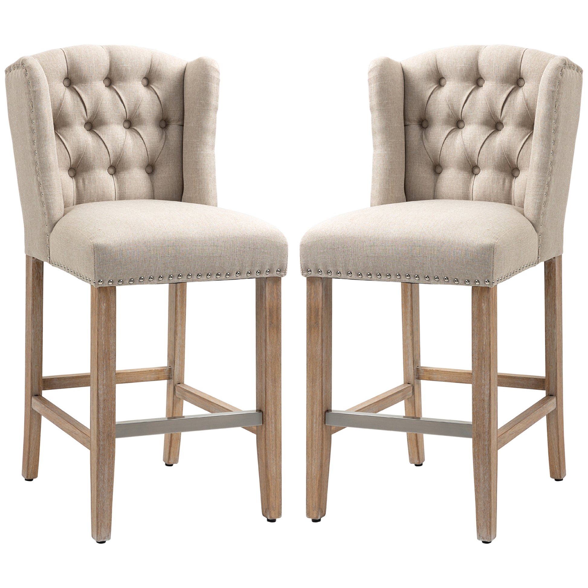 Counter Height Bar Stools Set of 2, Upholstered Bar Chairs with Nailhead Backrest and Footrest, Modern Barstools for Kitchen, Dining Room, Beige