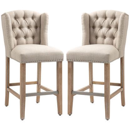Counter Height Bar Stools Set of 2, Upholstered Bar Chairs with Nailhead Backrest and Footrest, Modern Barstools for Kitchen, Dining Room, Beige