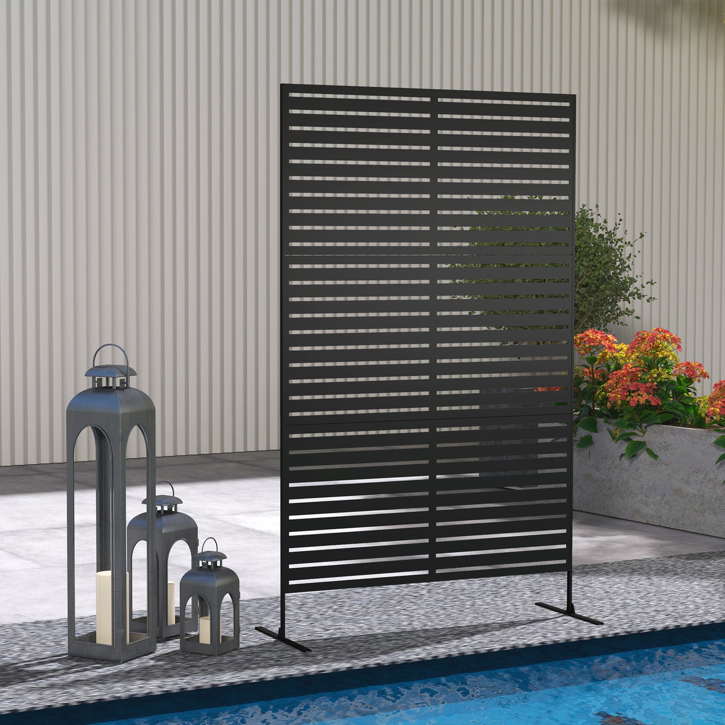 Decorative Outdoor Privacy Panel, Freestanding Metal Outdoor Divider with Stand for Garden, Backyard, Deck, Pool, Black