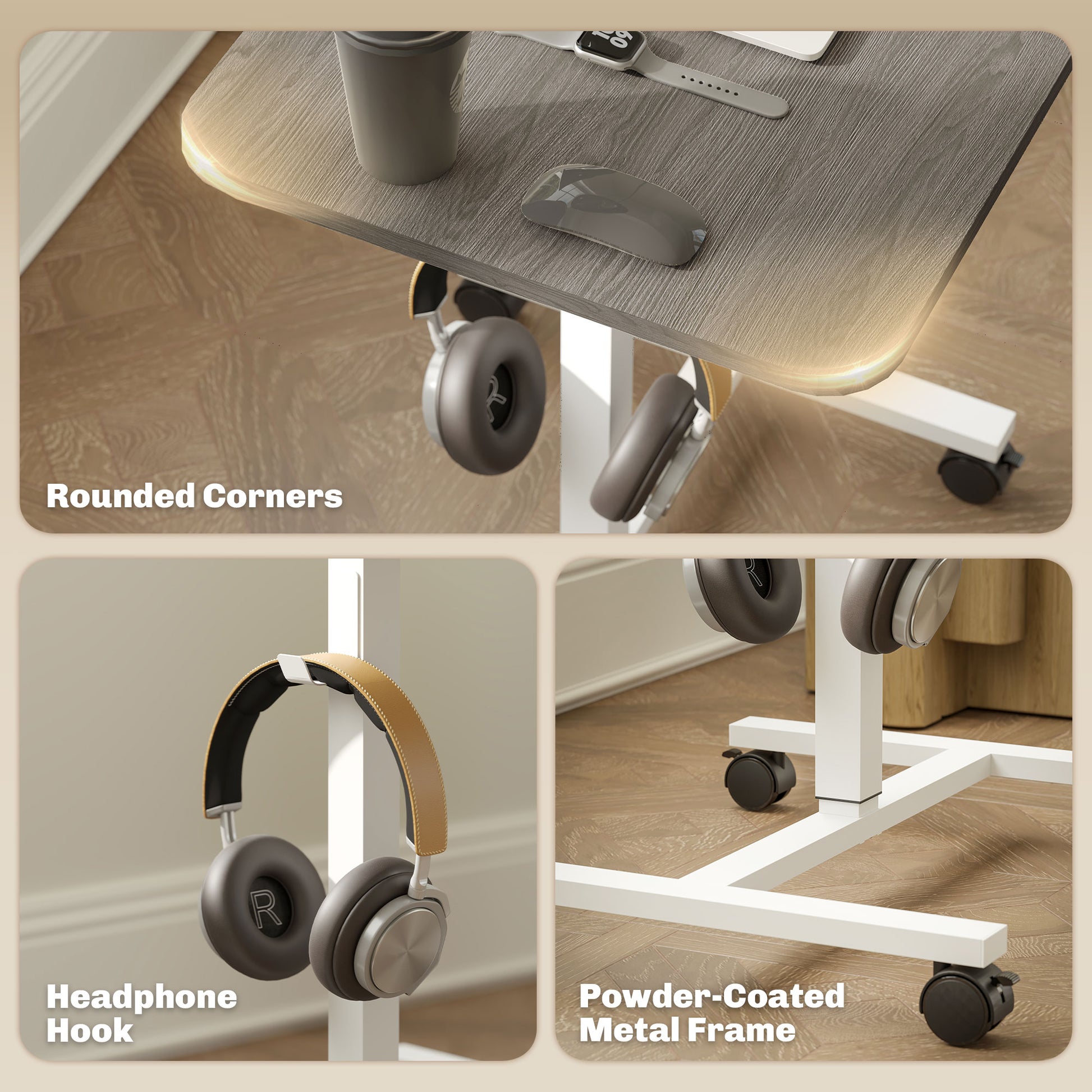 Height Adjustable Standing Desk, Pneumatic Sit Stand Desk with Wheels and Headphone Hook, Grey Wood Grain