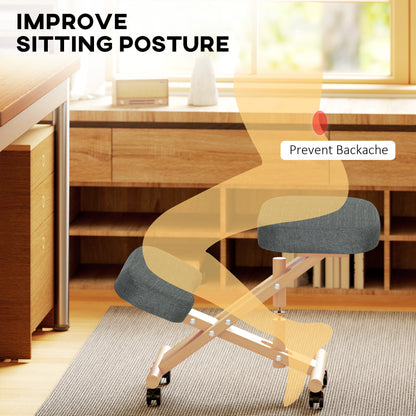 Ergonomic Kneeling Chair, Posture Chair with Rubberwood Frame, Wheels for Office, Posture Correction, Dark Grey