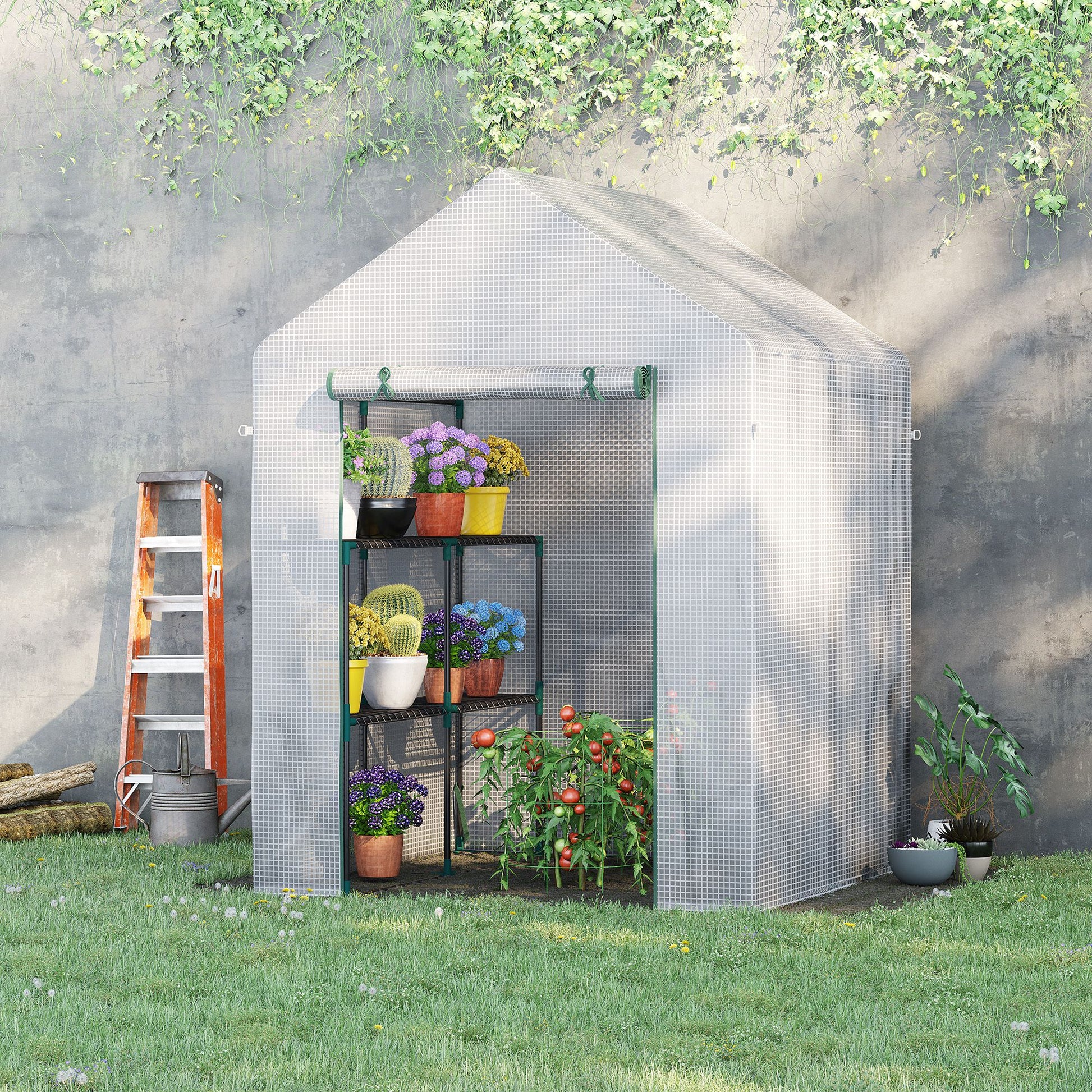 56" x 56" Walk-in Greenhouse Outdoor, Portable Gardening Plant Hot House with 2-Tier Shelf, Green