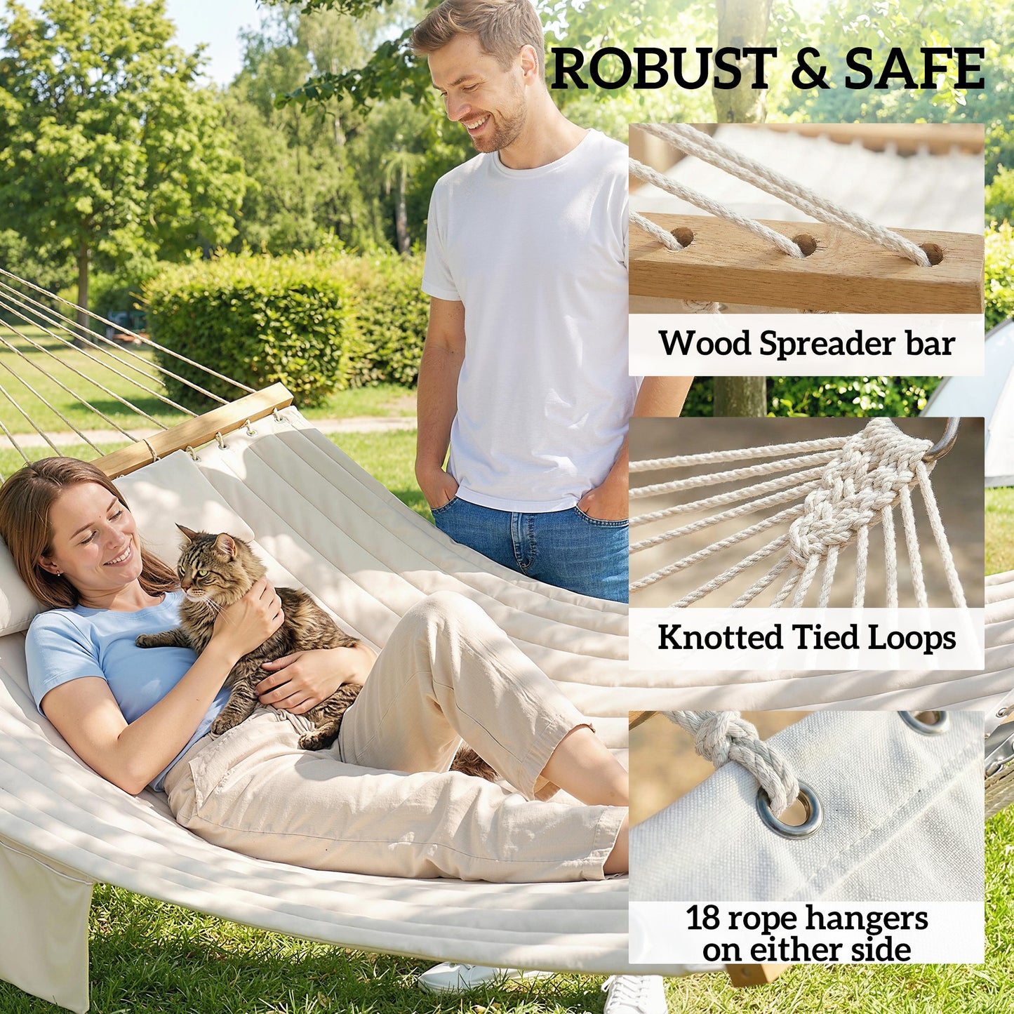 Outdoor Hammock Padded Camping Hammock with Pillow & Spreader Bars 200 x 140 cm Cream White