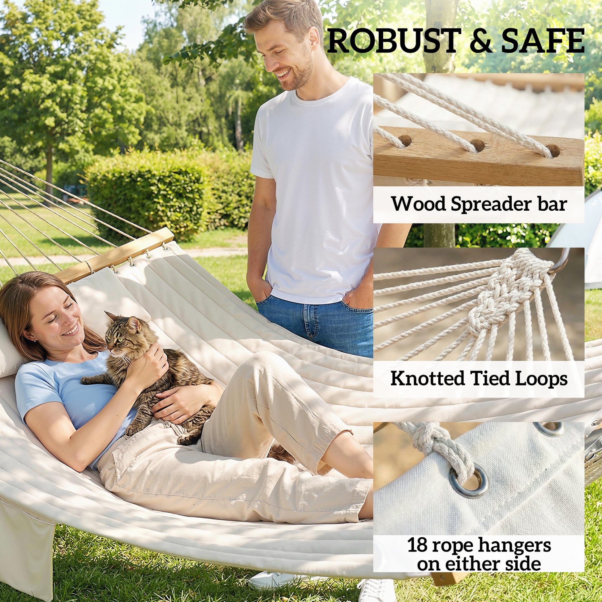 Outdoor Hammock Padded Camping Hammock with Pillow & Spreader Bars 200 x 140 cm Cream White