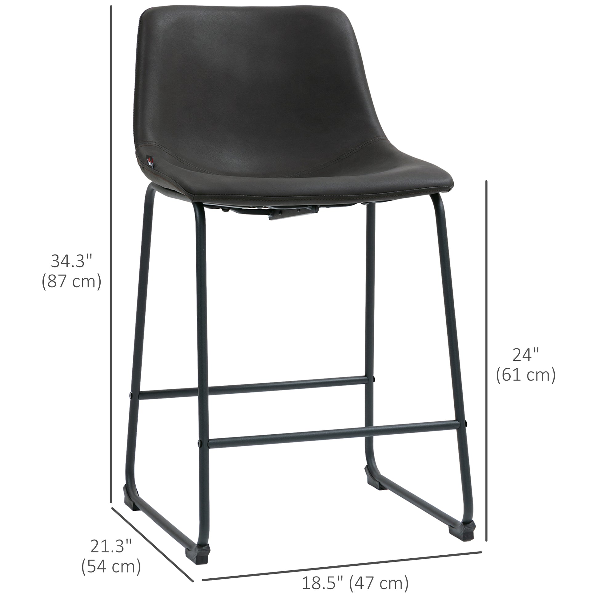 Counter Height Bar Stools Set of 2, Vintage PU Leather Bar Chairs, Kitchen Stool with Footrest, Dark Brown