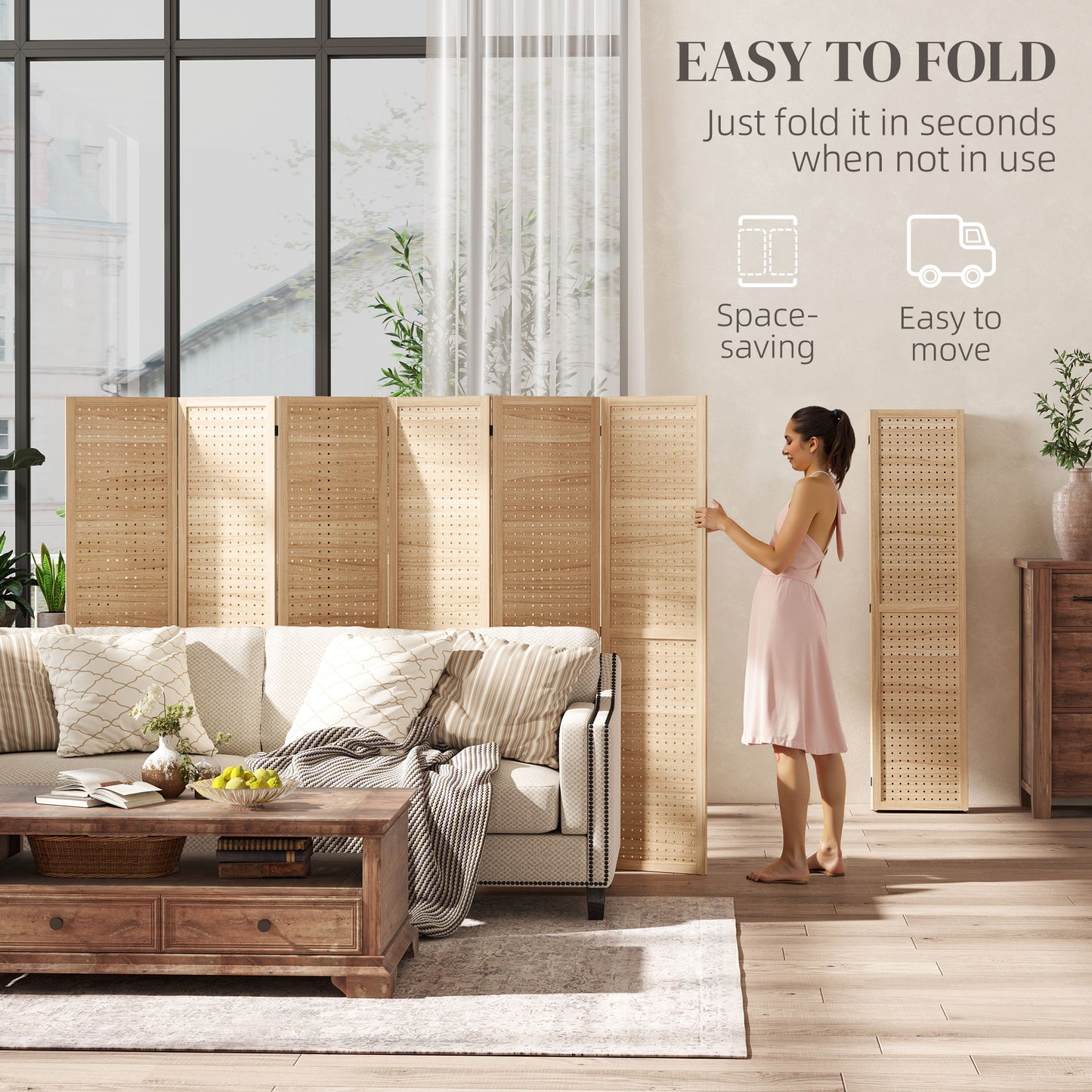 5.6 Ft. Tall 6-Panel Room Divider, Pegboard Panel Freestanding Folding Privacy Screen Panels, Partition Wall Divider for Indoor Bedroom Office, Natural
