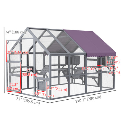 Outdoor Cat Enclosure Wooden Feral Cat House w/ Weatherproof Canopy, Bridges, Resting Boxes, Platforms, for 3-6 Cats