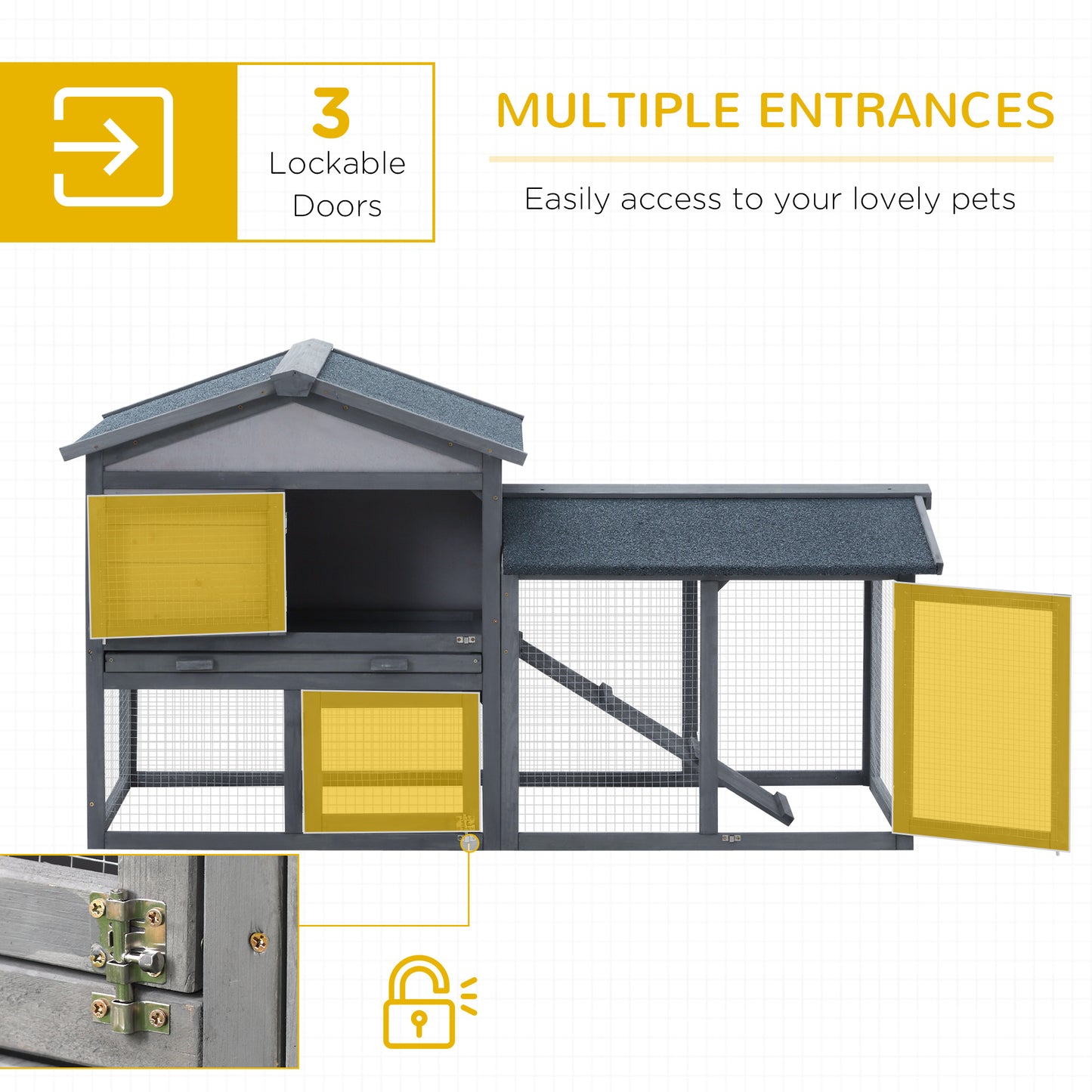 Wood Rabbit Hutch Backyard Bunny Cage Small Animal House Asphalt Roof w/ Ramp and Outdoor Run Dark Grey