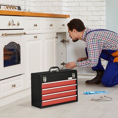 15.6" Tall Portable Metal Tool Box with Metal Latch Closure, 4 Drawer Lockable Tool Chest with Ball-bearing Slider for Garage, Household and Warehouse, Red