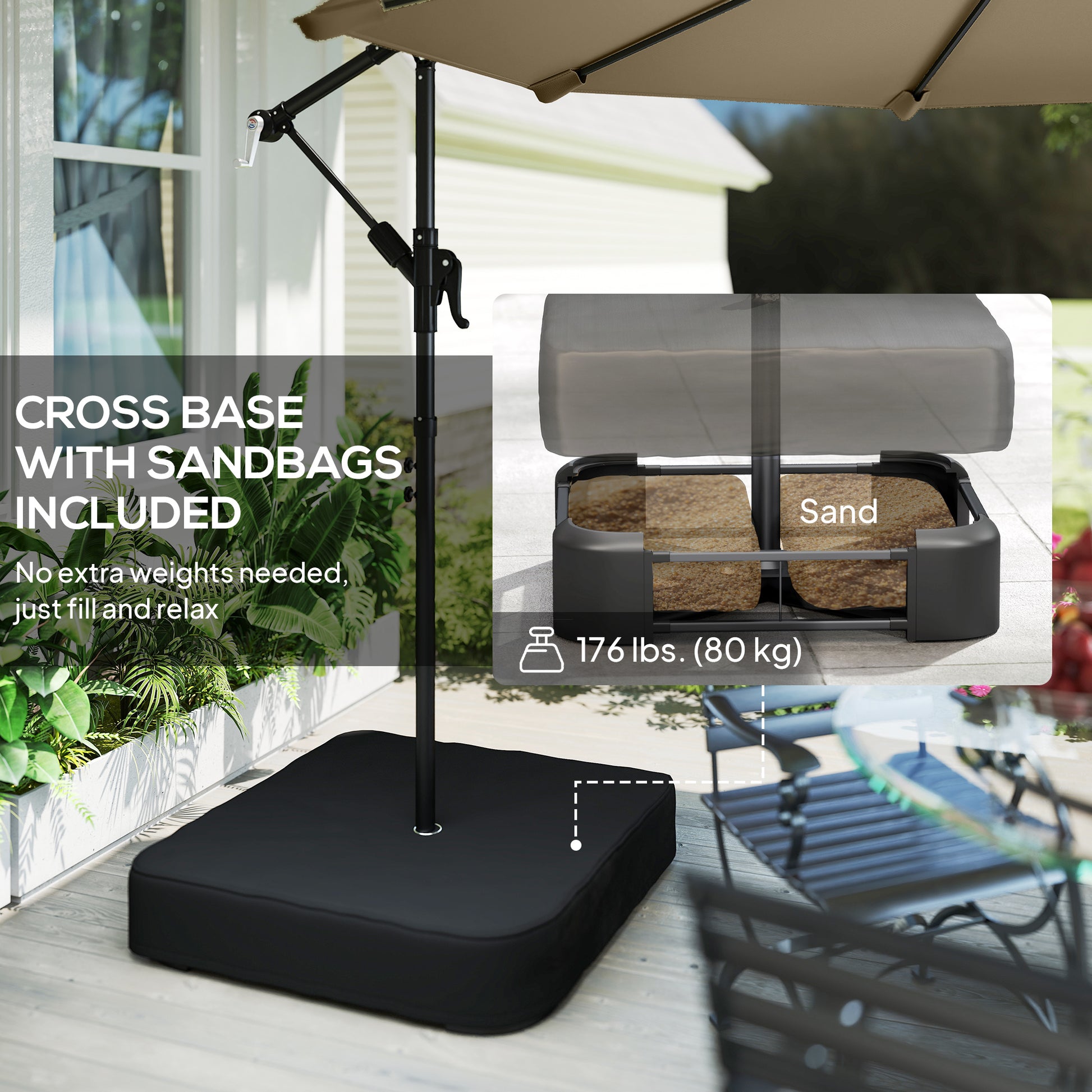9.6 ft Offset Patio Umbrella with Sandbag, Garden Hanging Banana Cantilever Parasol with 360° Rotation, Khaki