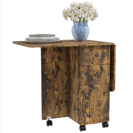 Drop Leaf Dining Table, Mobile Folding Table on Wheels with Drawers and Cabinet for Dining Room, Kitchen, Rustic Brown