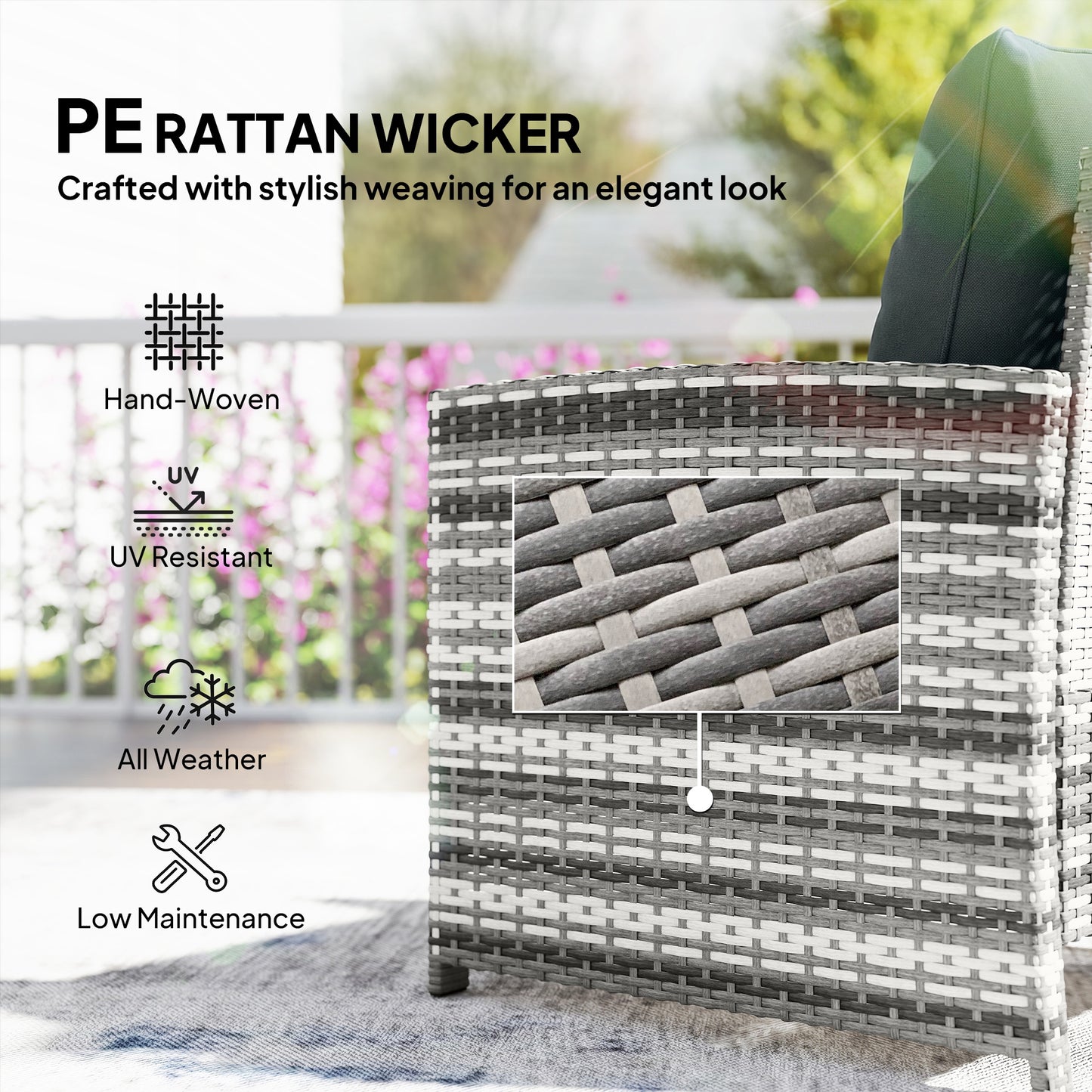 5 Piece Patio Furniture Set, Wicker Patio Chairs with Ottomans, 2-Tier Glass Coffee Table and Cushions, Grey/Dark Grey