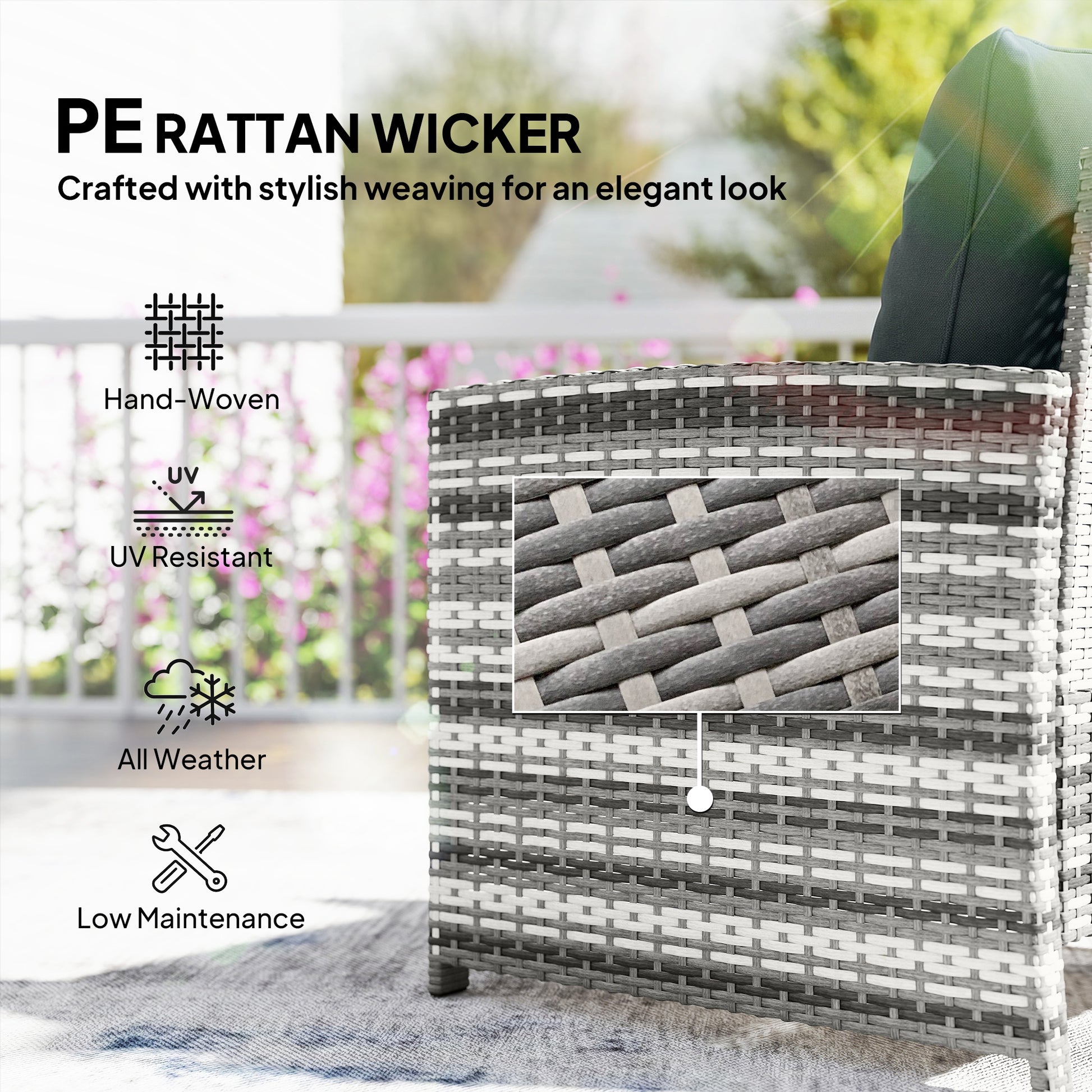 5 Piece Patio Furniture Set, Wicker Patio Chairs with Ottomans, 2-Tier Glass Coffee Table and Cushions, Grey/Dark Grey