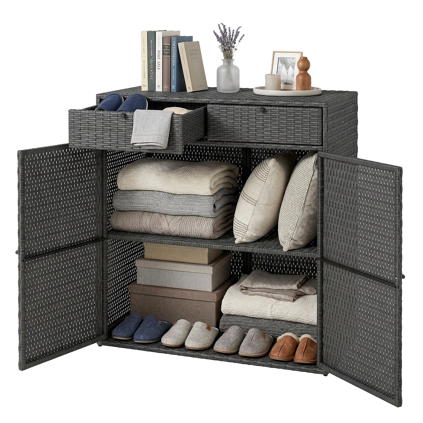 Wicker Outdoor Storage Cabinet with 2 Doors and Drawers, 2-Tier Shelf Rattan Patio Storage Cabinet, Dark Grey