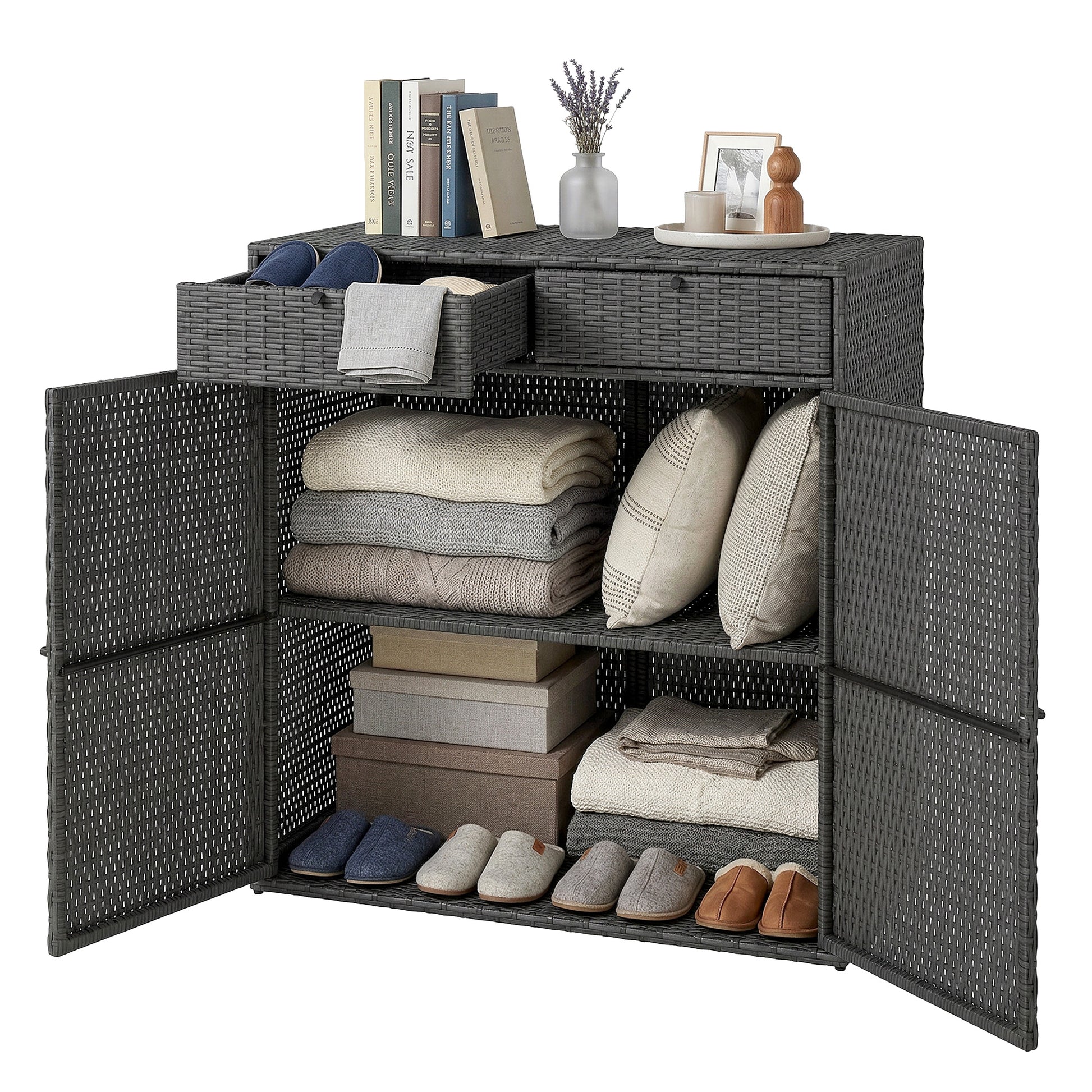 Wicker Outdoor Storage Cabinet with 2 Doors and Drawers, 2-Tier Shelf Rattan Patio Storage Cabinet, Dark Grey