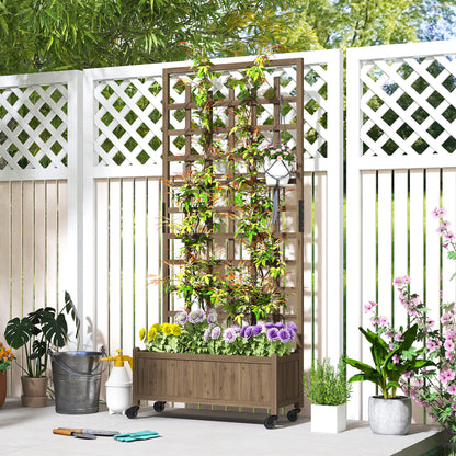 Wooden Planter with Trellis, Raised Garden Bed with Wheels, Drainage Holes for Climbing Plants, Flowers, Brown