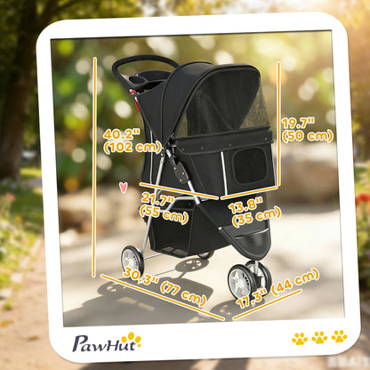 3 Wheels Foldable Dog Stroller with Storage Basket, Adjustable Canopy, Cupholder for Miniature and Small Dogs, Black