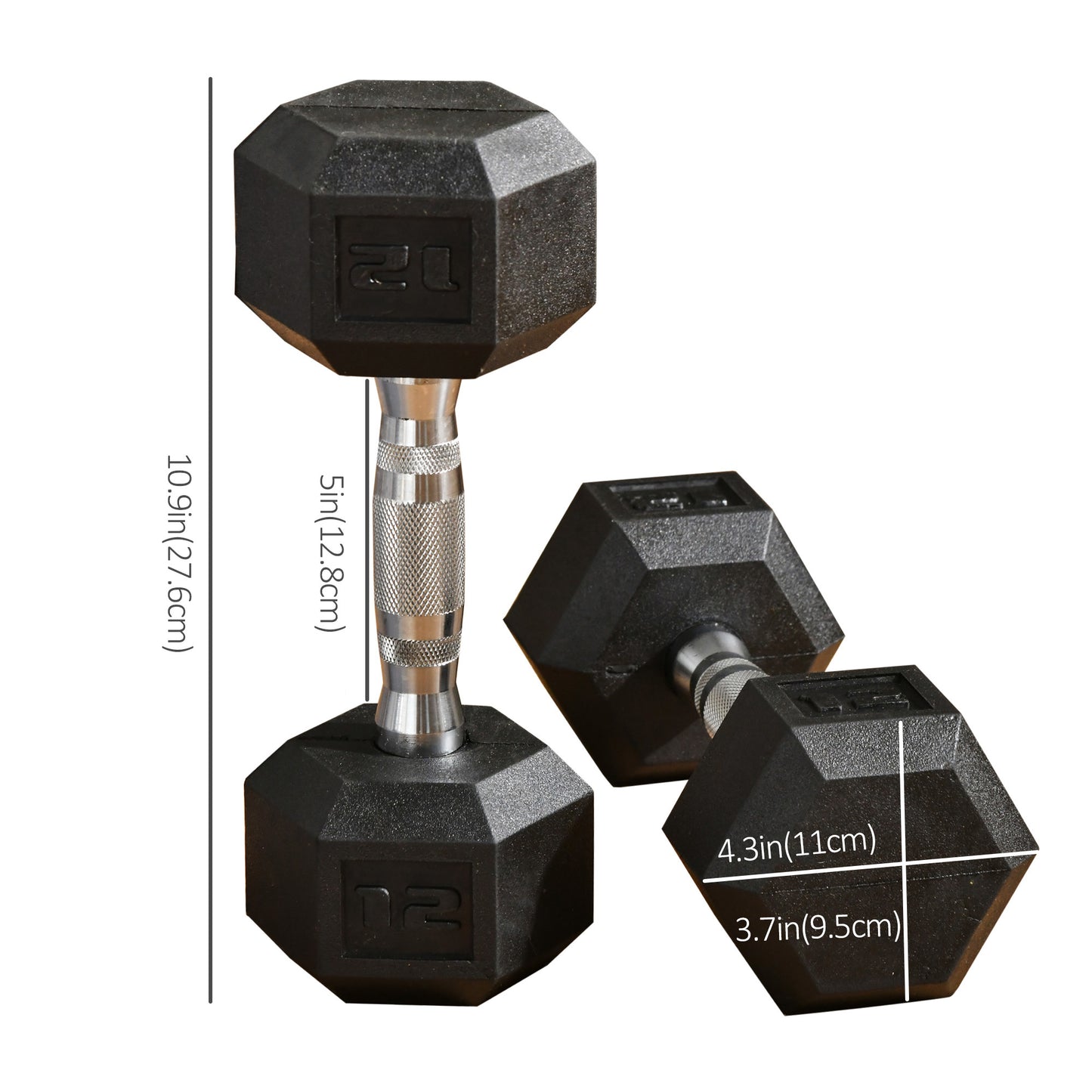 Soozier 2 x 12lbs Rubber Dumbbells Weight Set, Dumbbell Hand Weight for Body Fitness Training, Home Office Gym, Black