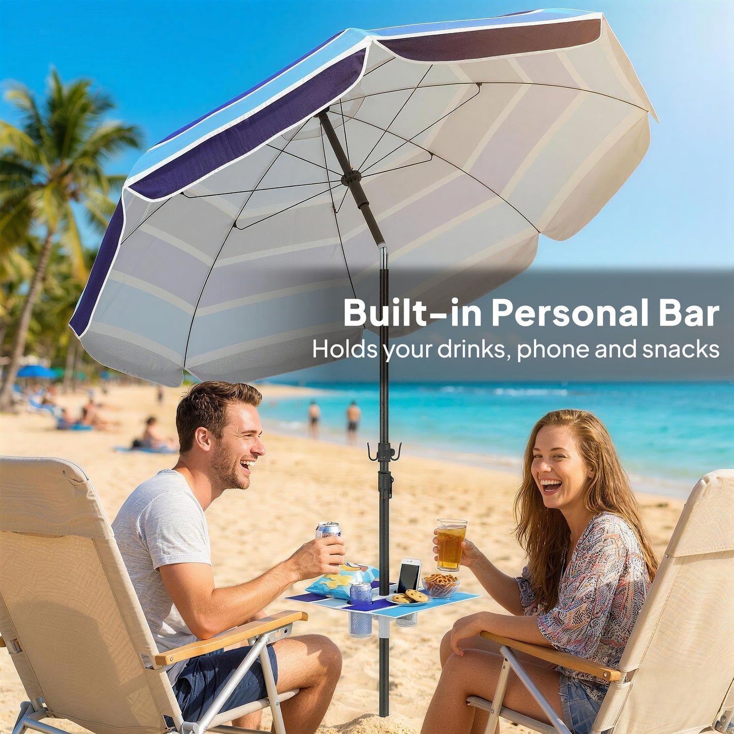 Beach Umbrella Adjustable Tilt Sunshade with Foldable Table Cup Holder 78" Multicolor