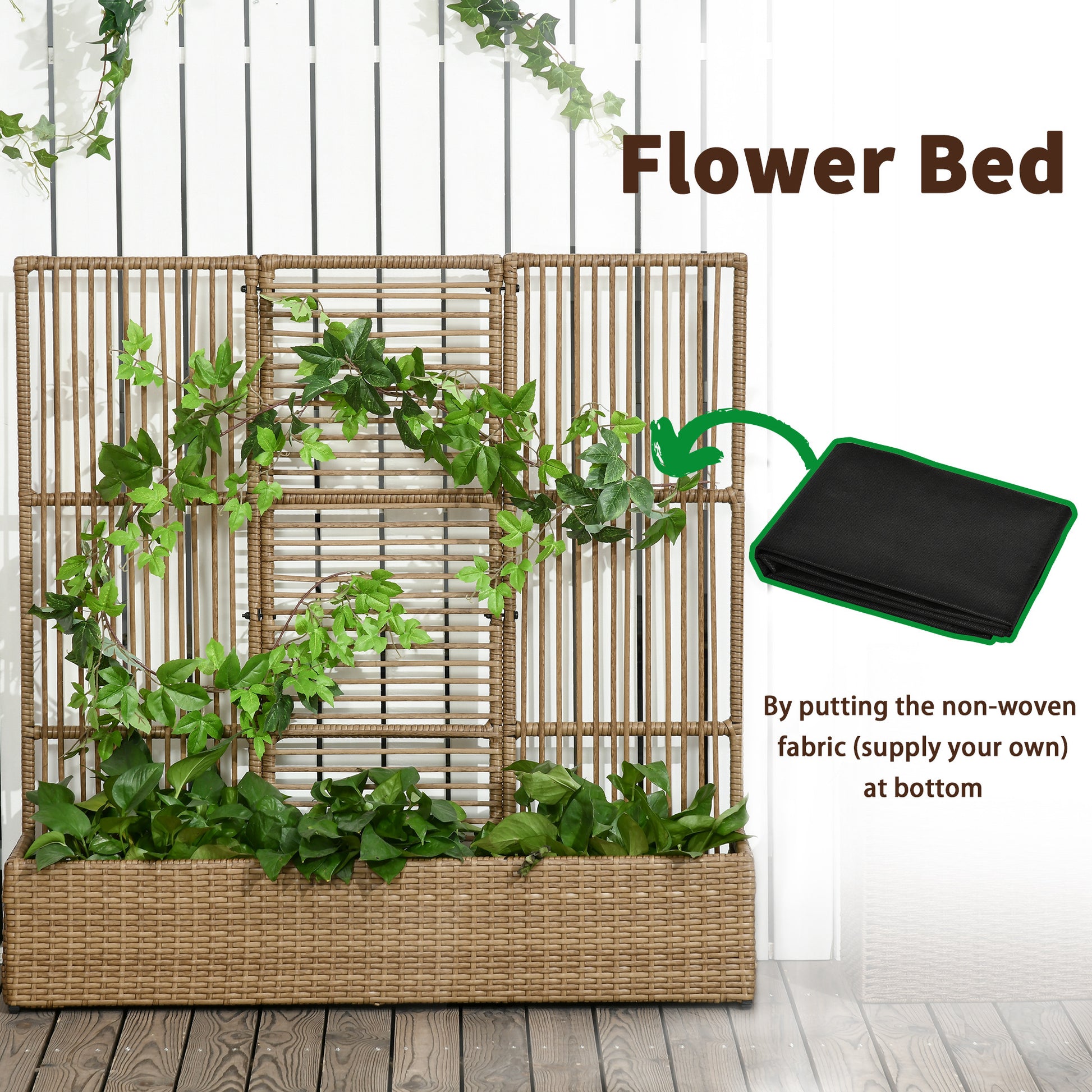 Raised Garden Bed with Lattice Trellis, Rattan Outdoor Planter with Storage for Garden, Patio, Balcony, Sand Brown