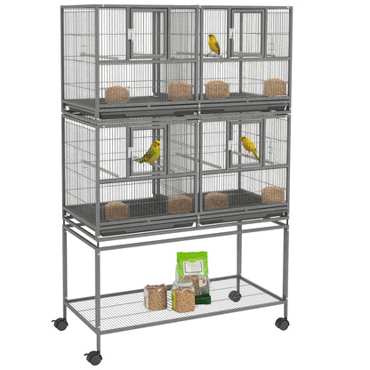 61"H Divided Breeder Bird Cage with Rolling Stand Removable Metal Tray, Storage Shelf, Wood Perch, and Food Container, Dark Grey