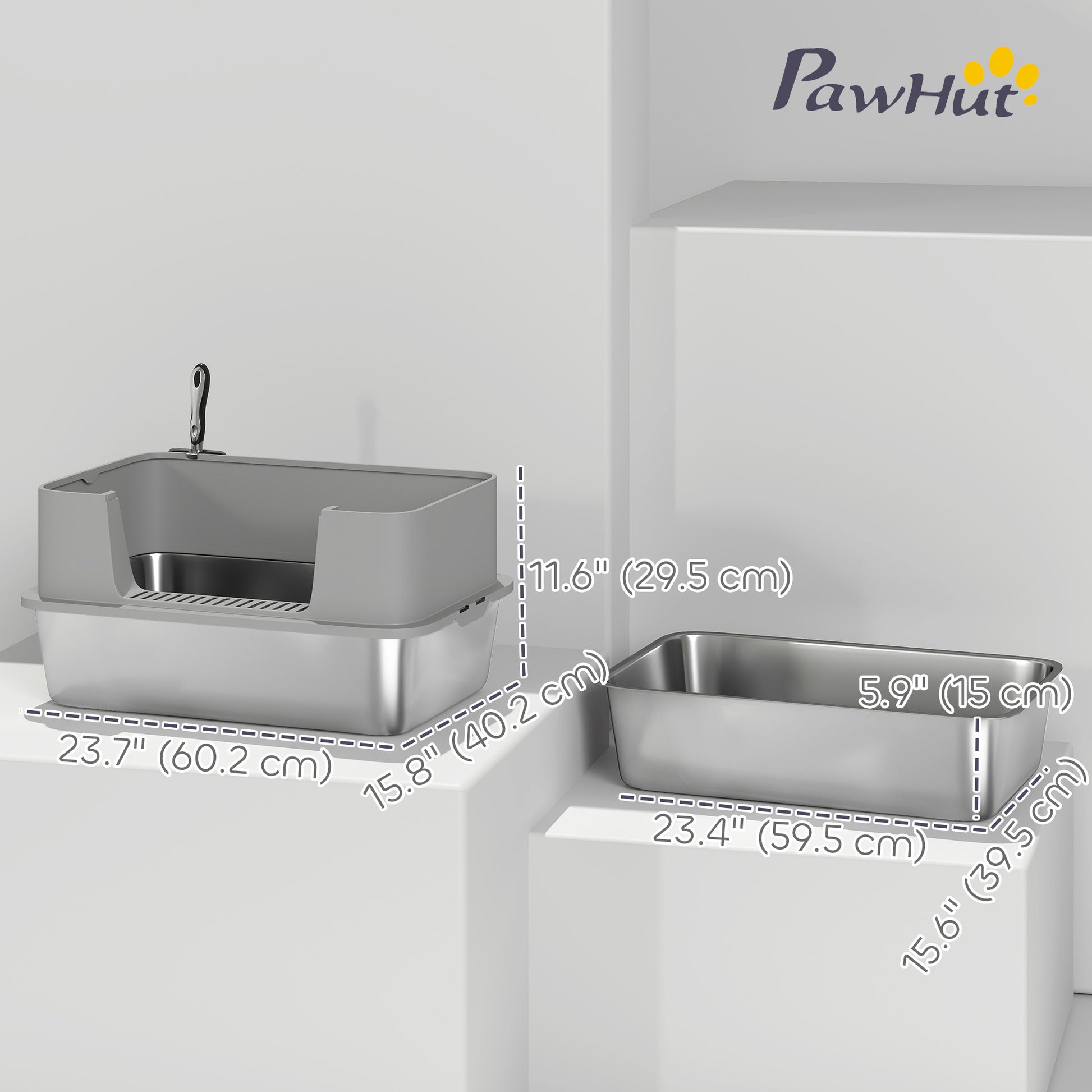 Stainless Steel Litter Box, XL High Sided Cat Litter Box with Scoop, Anti Leakage & Easy to Clean, 24" x 16" x 12", Grey