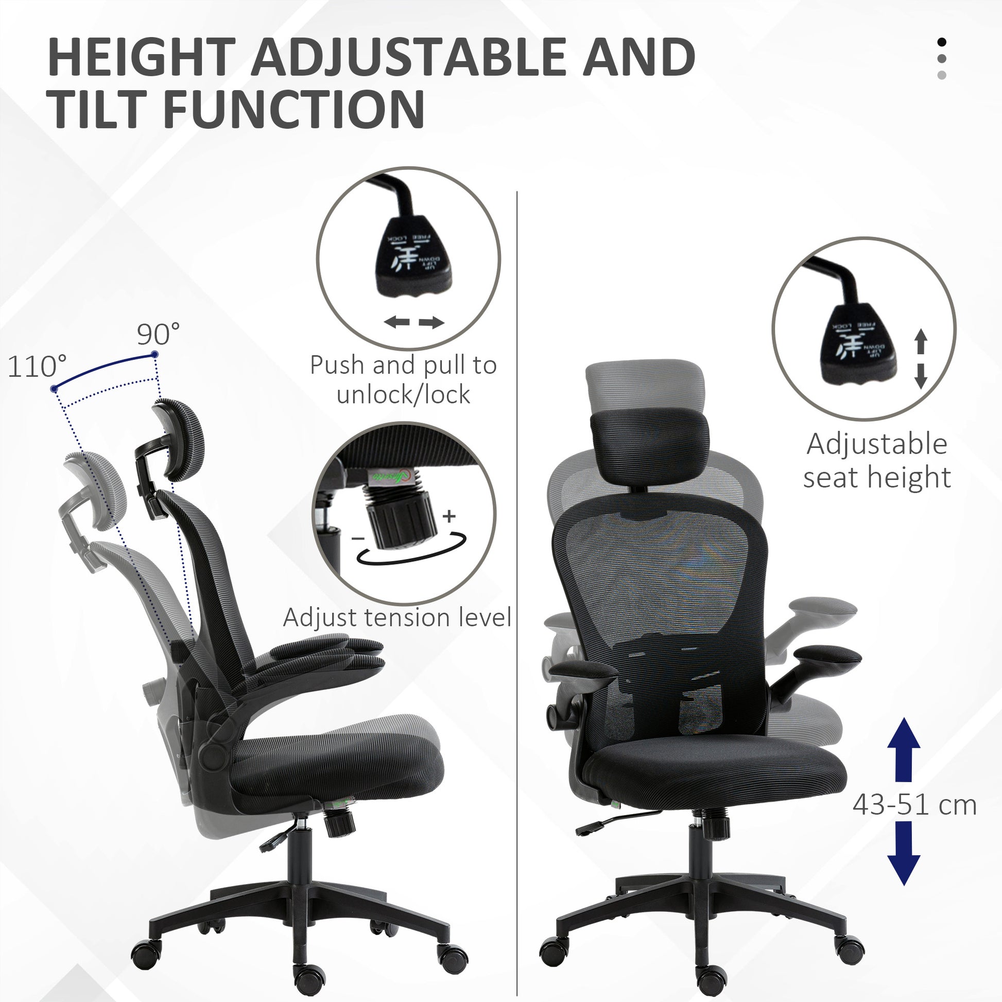 Office Chair, Mesh Computer Desk Chair with Adjustable Headrest, 4D Lumbar Support, Flip-up Arm, Black