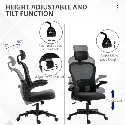 Office Chair, Mesh Computer Desk Chair with Adjustable Headrest, 4D Lumbar Support, Flip-up Arm, Black