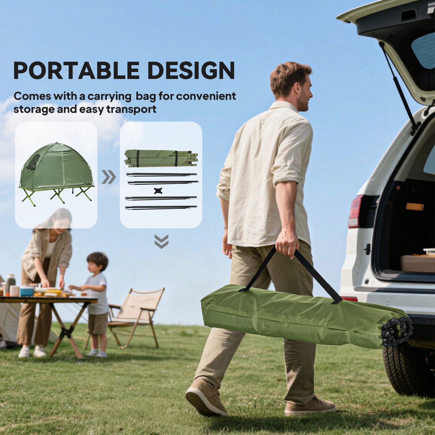 Compact Pop Up Portable Folding Outdoor Elevated Camping Cot Tent Combo Set Dark Green