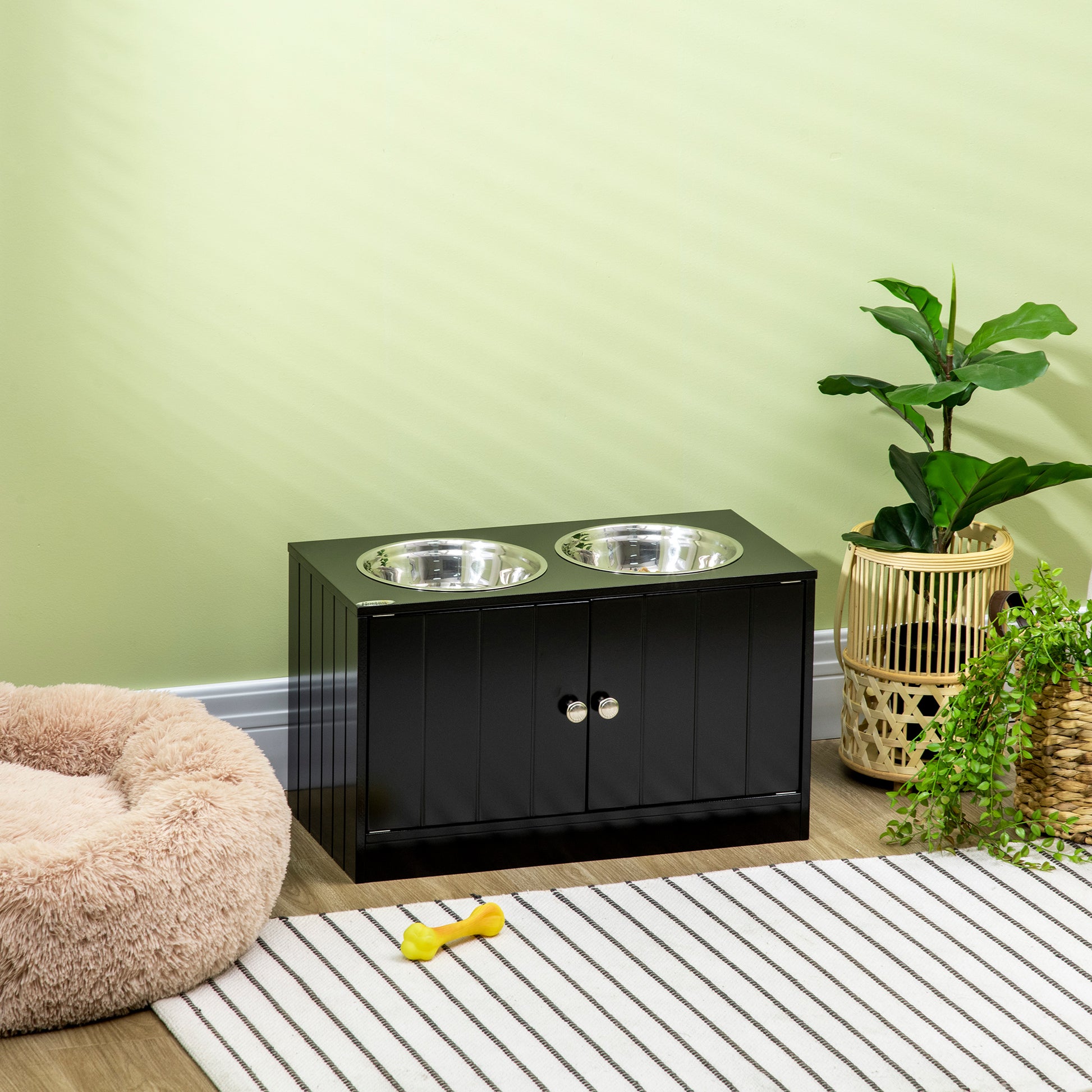 Elevated Dog Bowls for Large Dogs Pet Feeding Station with Stand, Storage, 2 Stainless Steel Food and Water Bowls, Black, 23.6" x 11.8" x 14"