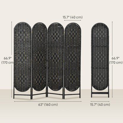 Bohemian Privacy Screen, Folding Room Divider with 4 Panels and Arched Top for Bedroom Living Room Office, Black