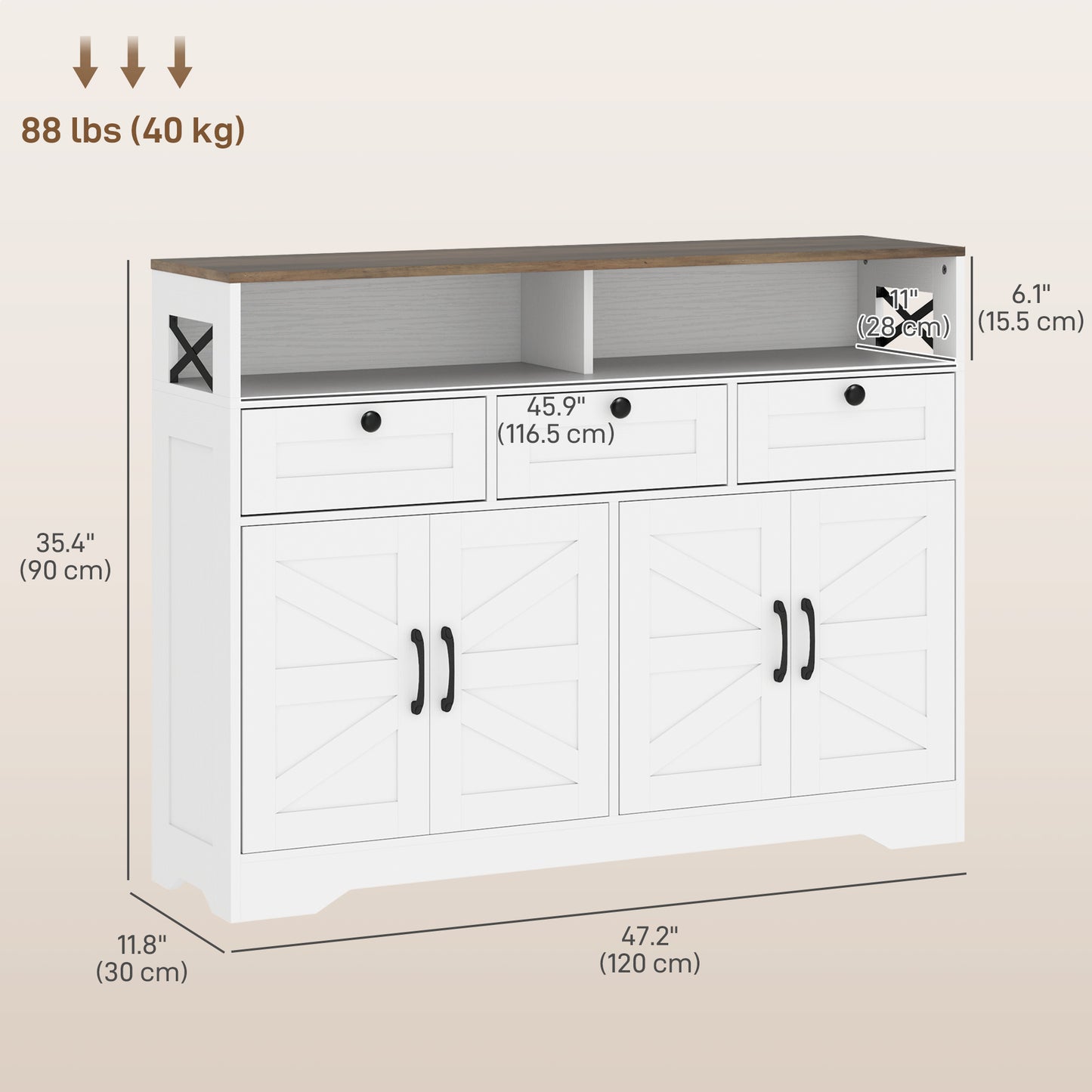 Sideboard, Buffet Cabinet with 4 Barn Doors and 3 Drawers, Coffee Bar Cabinet with Adjustable Shelves, White